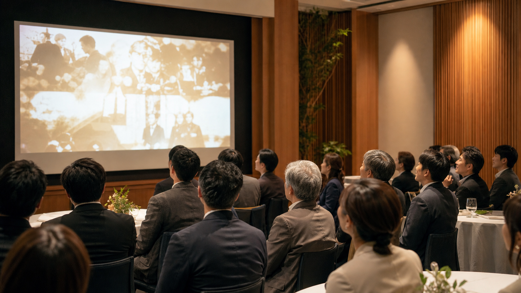 周年式典で社員が記念映像を鑑賞する様子