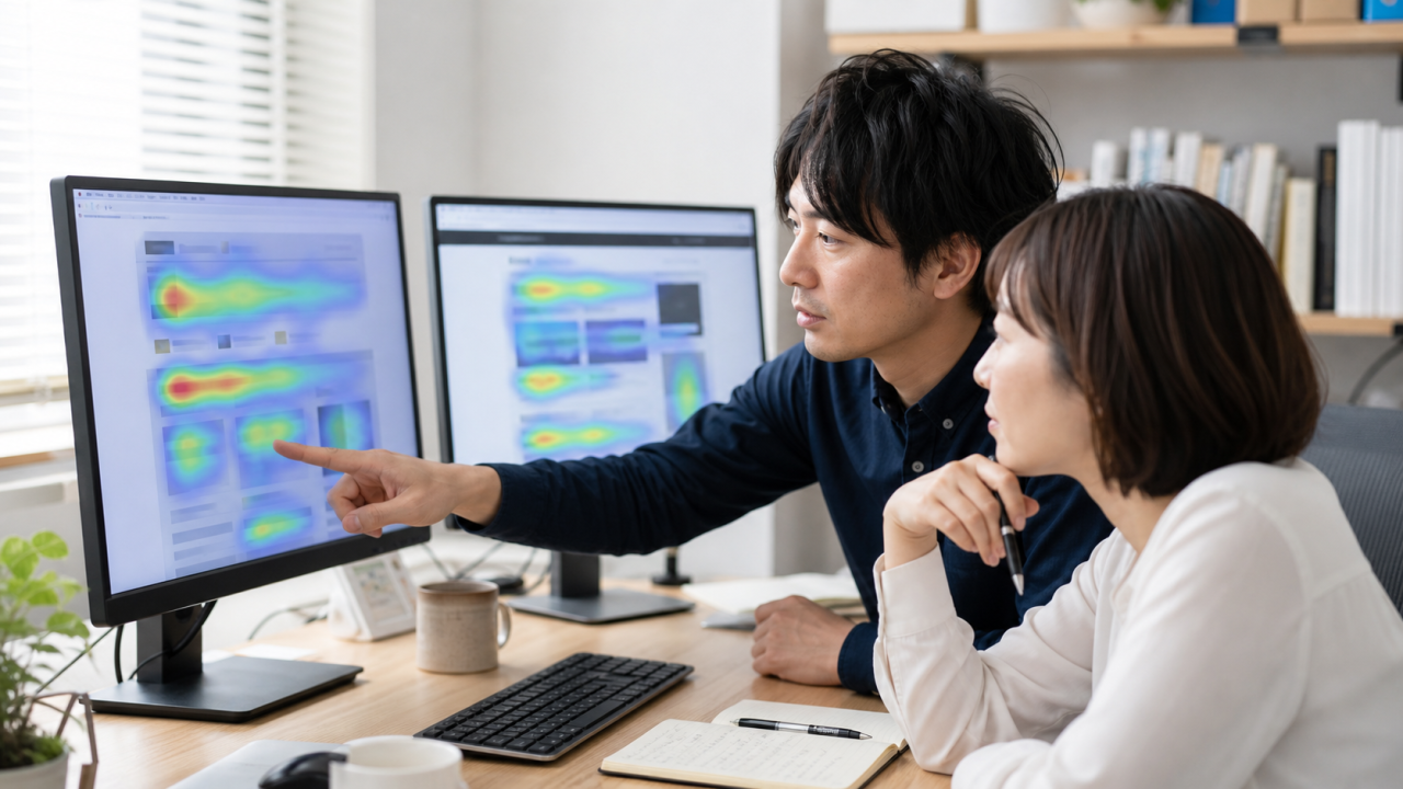 企業サイトのヒートマップを確認する日本人担当者