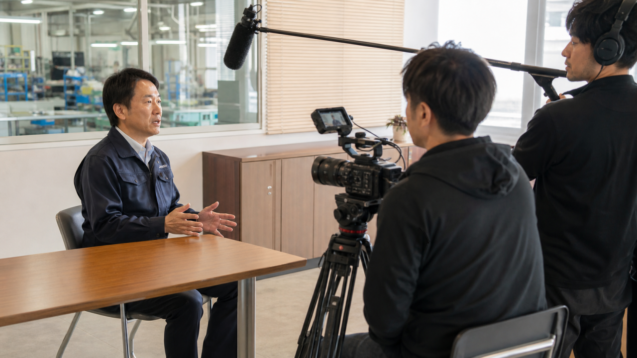 企業PR映像のために日本企業の社員インタビューを撮影する制作チーム