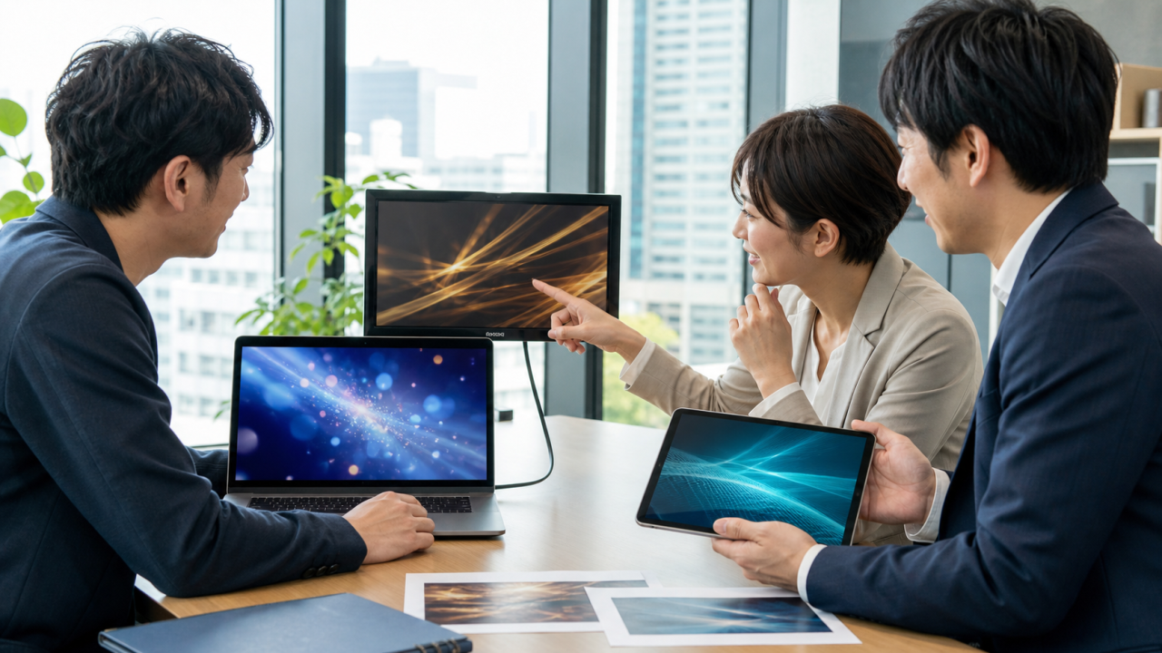 企業PR映像の複数バージョンを端末ごとに確認する日本企業のチーム