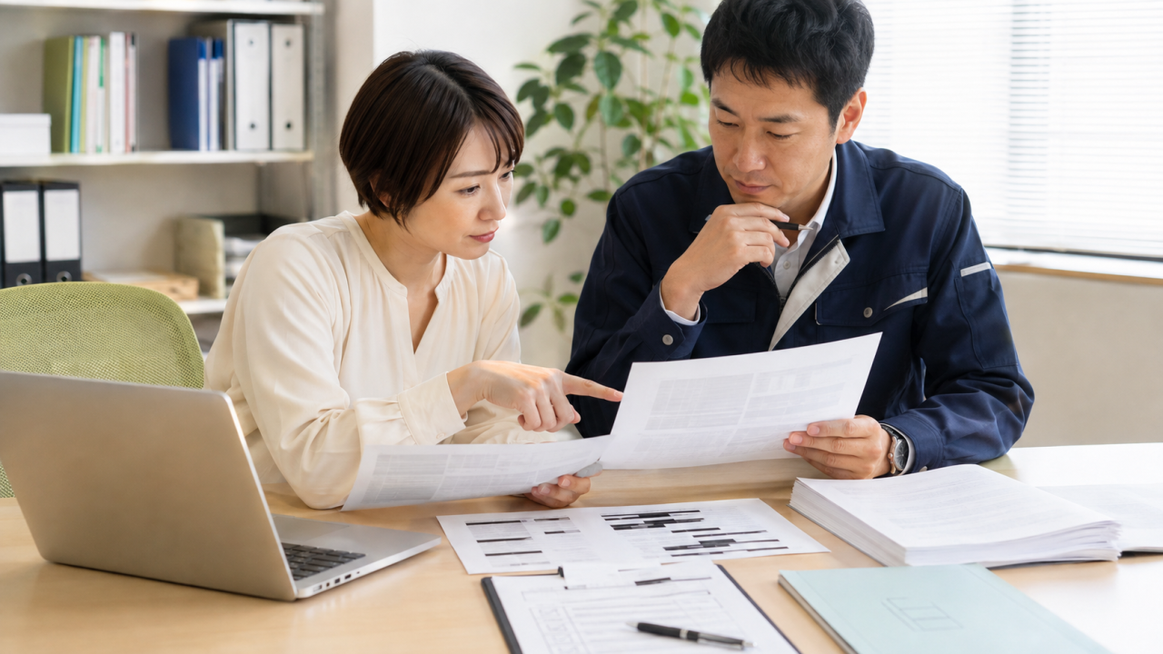 AIが準備した書類を原資料と照合して確認する日本企業の担当者
