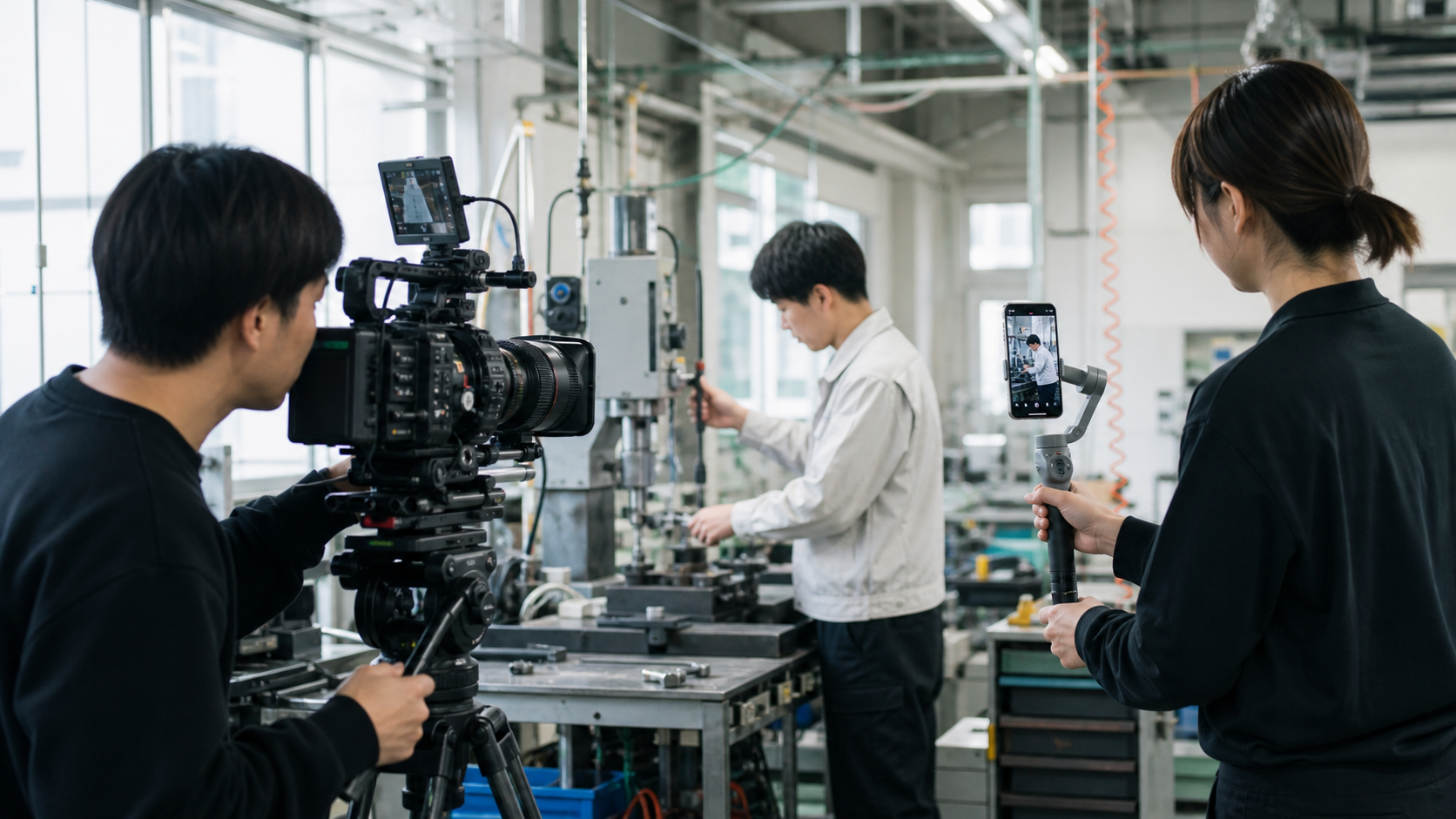 横型カメラと縦型スマートフォンで企業動画を撮影する日本の制作現場