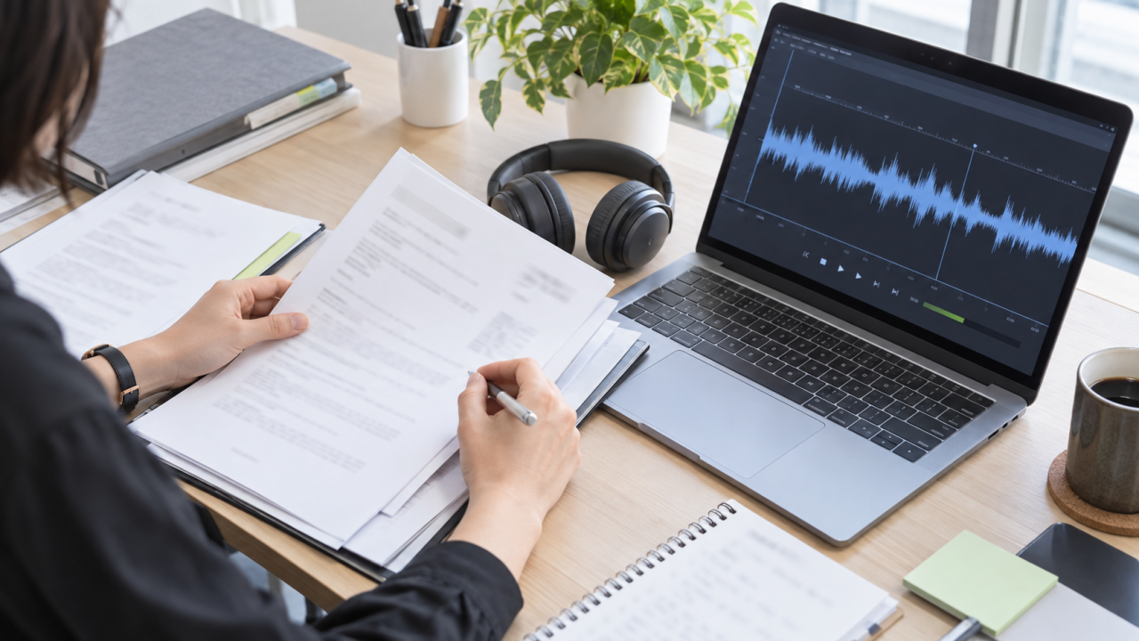 企業動画に使うBGMの利用条件と音源を照合する日本企業の制作担当者