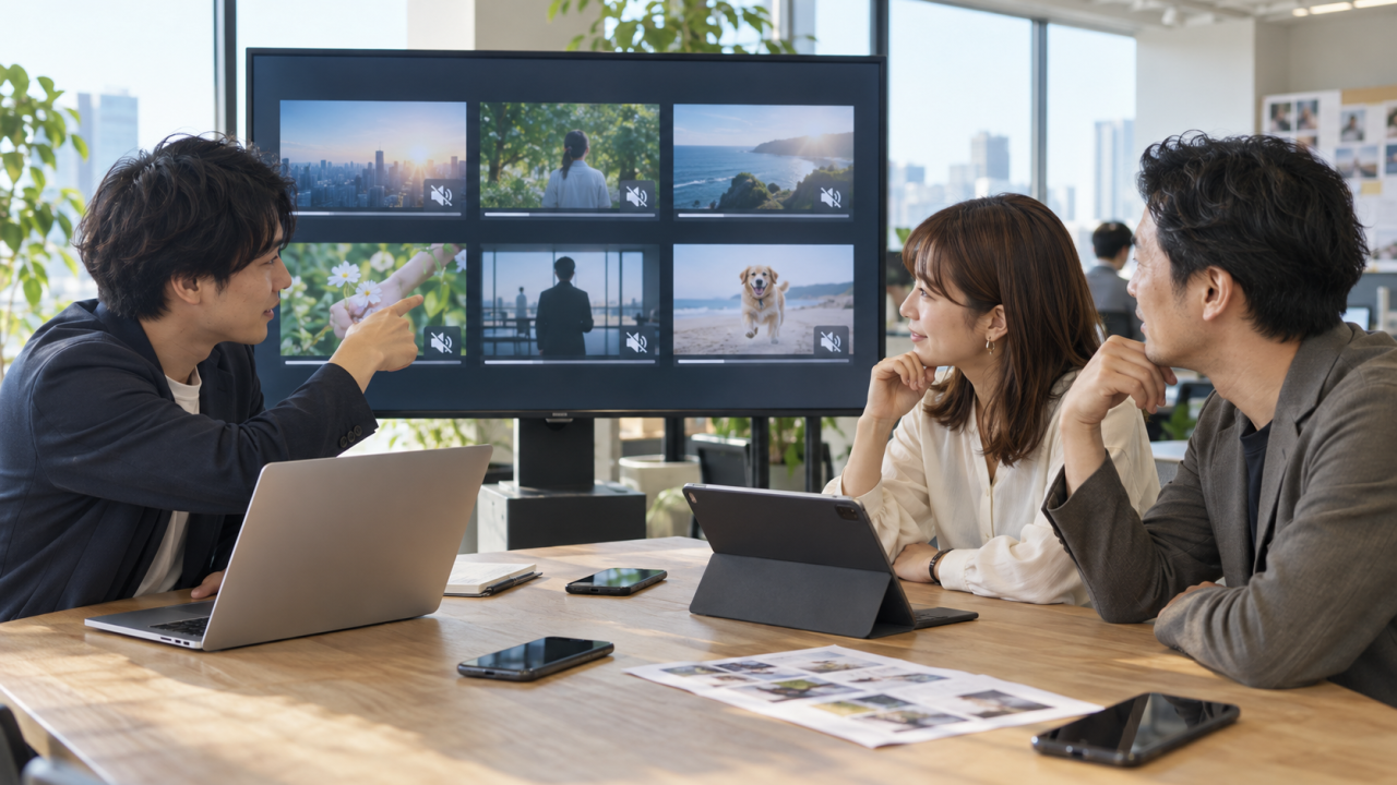 複数のSNSと自社サイト向け動画を公開前に確認する日本企業のチーム