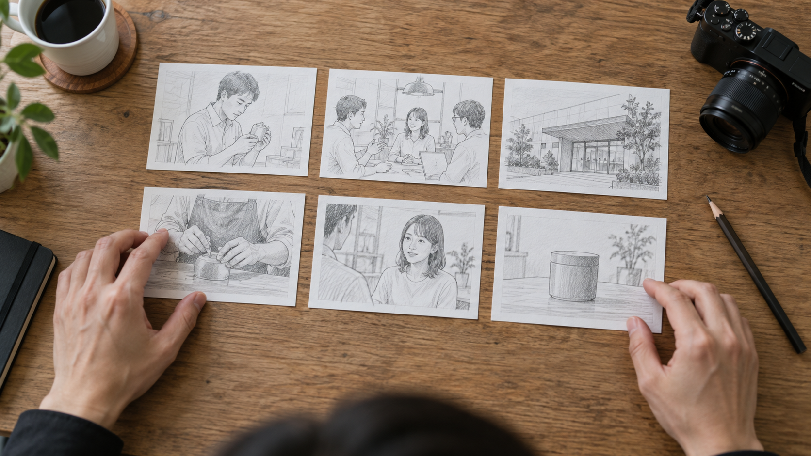 仕事の場面を描いた絵コンテカードを机で並べて構成を考える様子