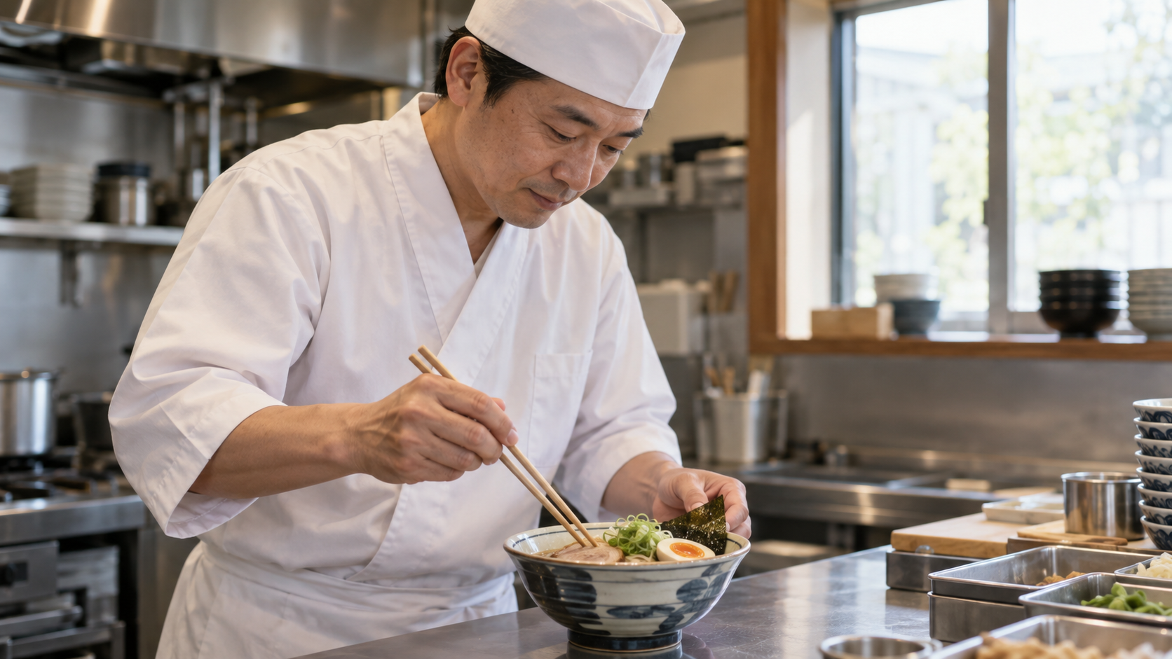 料理に集中する作り手の表情と手元を捉えたイメージ