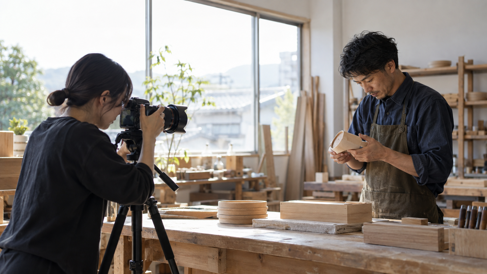 工房で製品を確認する作業者と、その手元を撮影する映像制作者のAI生成イメージ