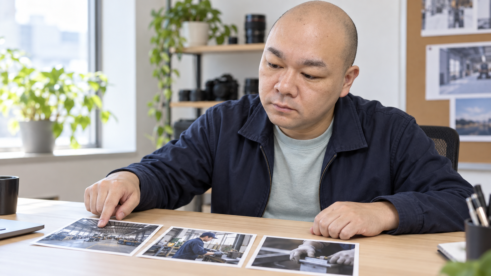 撮影する場面の写真を机で比較し、企画を検討する竹巻代表のAI生成イメージ