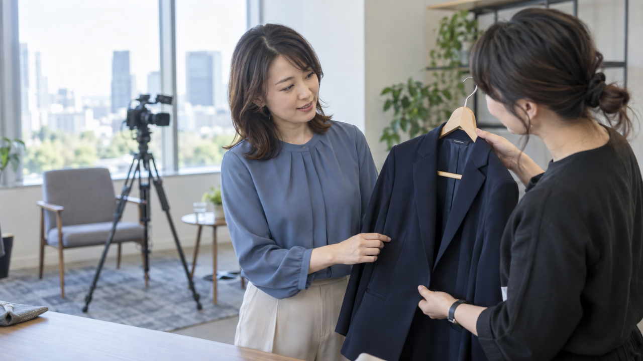 日本のオフィスで社員インタビュー前に服装を確認する架空の出演者と撮影スタッフ