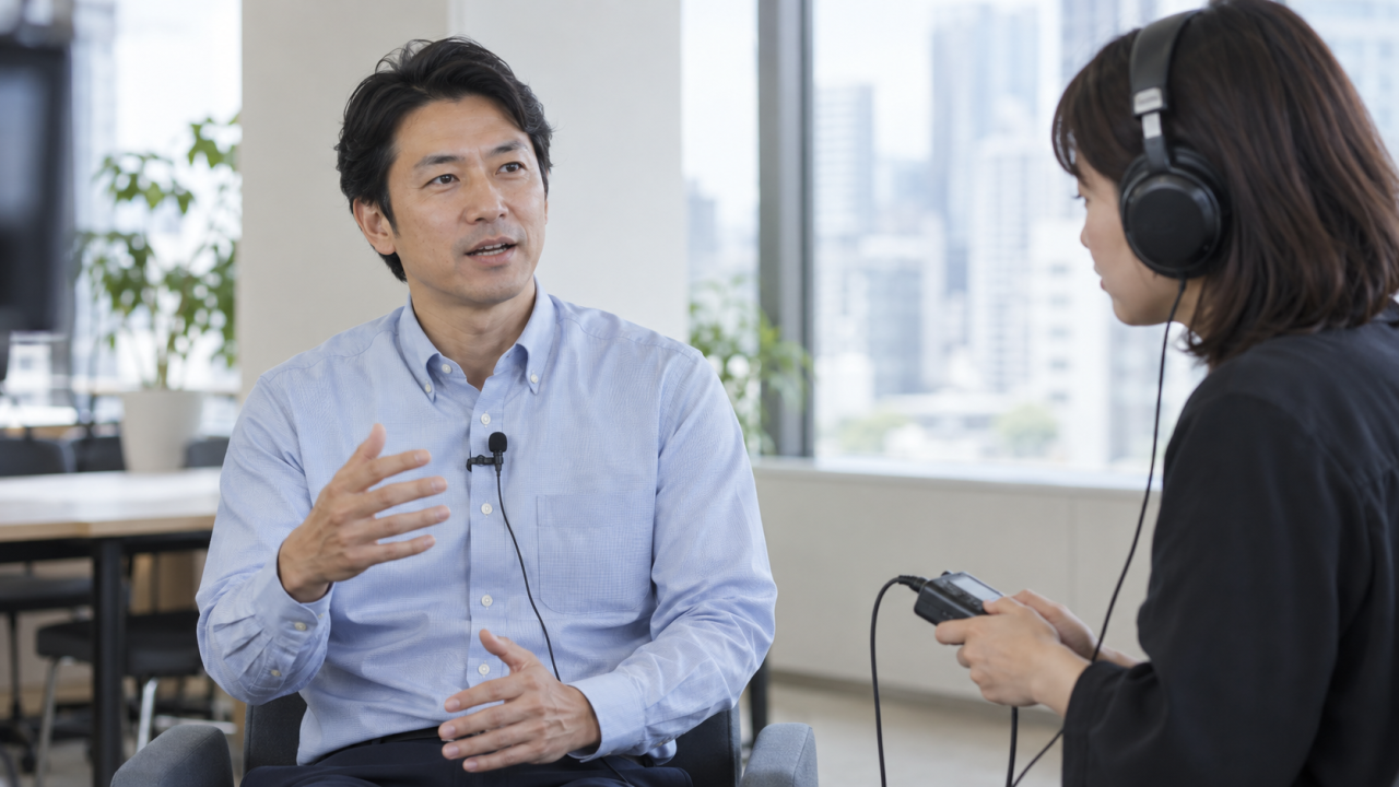 無地のシャツに付けたピンマイクで録音確認をする架空の社員と音声スタッフ