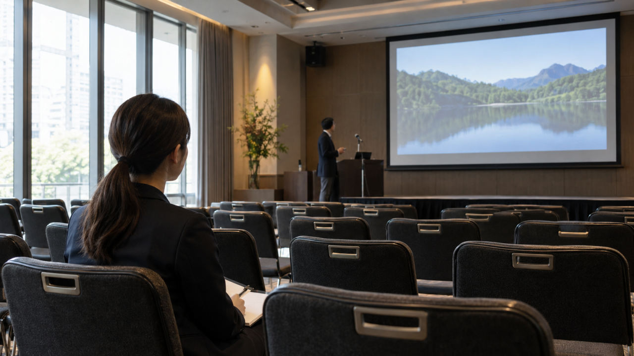 開場前の客席に座り、上映時の見え方と聞こえ方を確認する担当者