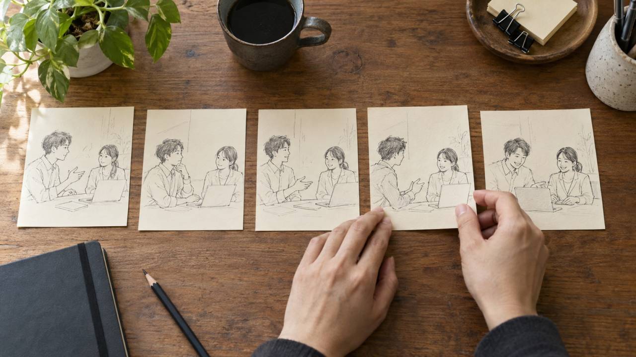 人物同士のやり取りを描いた5枚の絵コンテを机に並べ、物語の順番を考える様子
