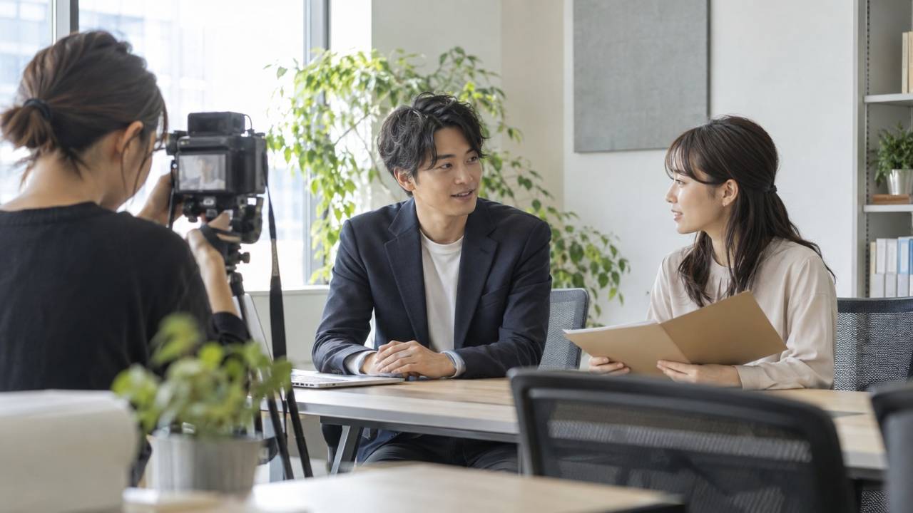 明るいオフィスで2人の出演者が会話する場面を、撮影担当者がカメラで確認している様子