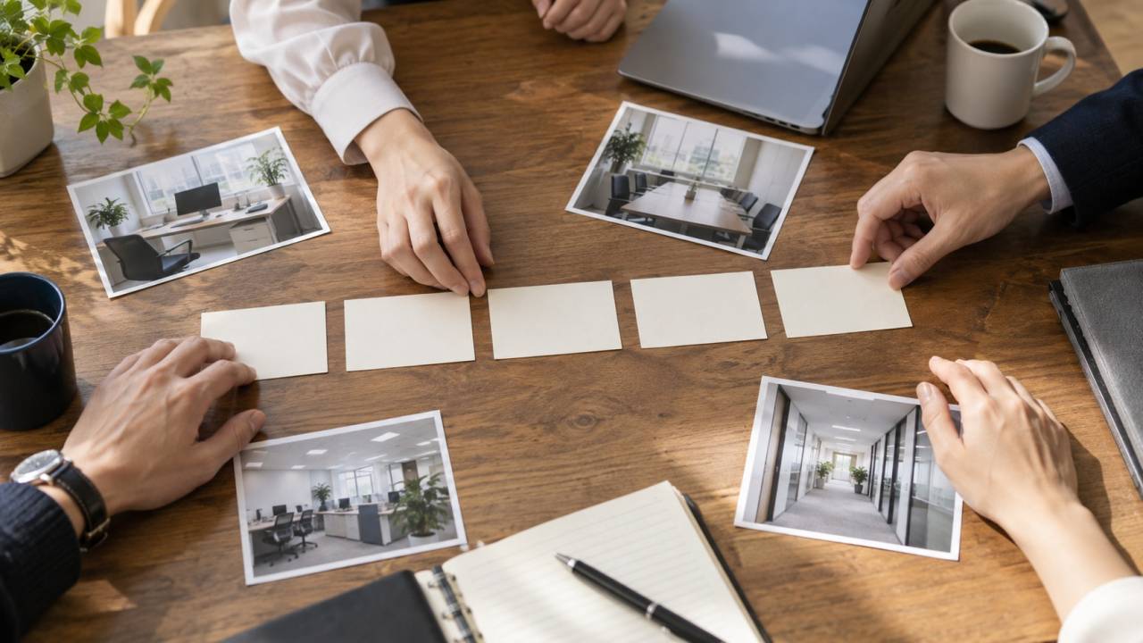 机上で5枚のカードと職場の写真を並べ、採用動画の場面構成を考える様子