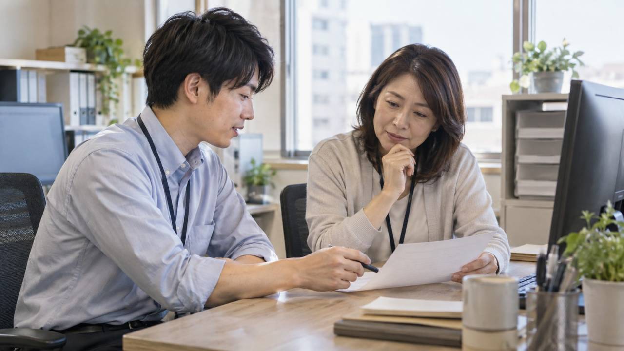 オフィスの机で若手社員が資料を示し、隣の先輩社員に仕事の進め方を相談する様子
