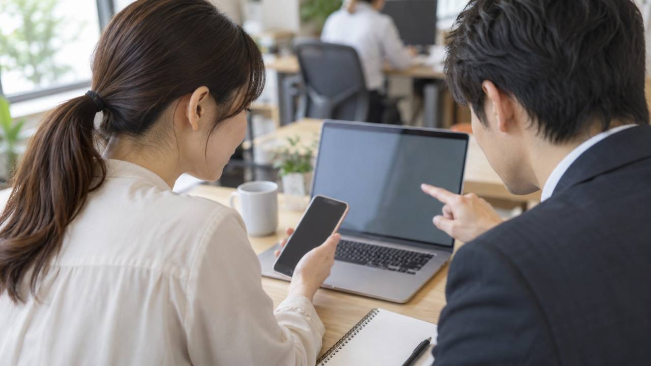 オフィスで2人の担当者がスマートフォンとノートパソコンを使って確認作業をする様子