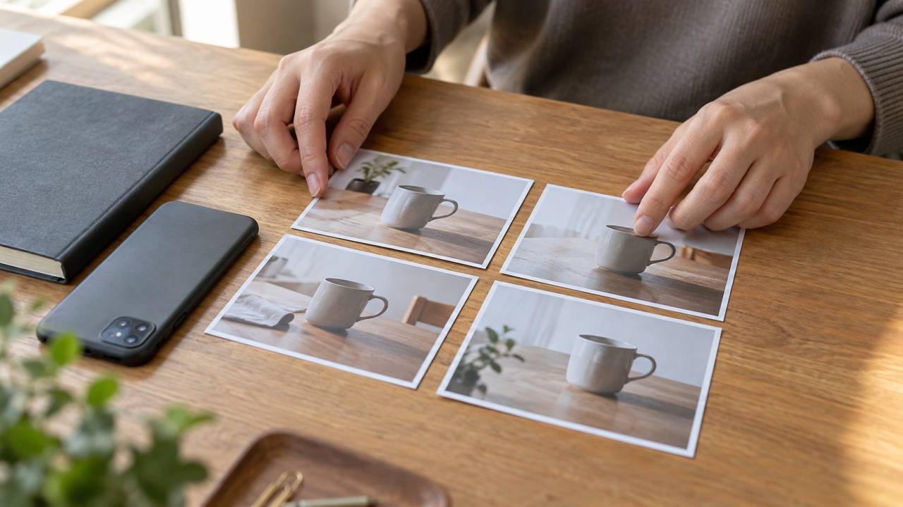同じマグカップを異なる構図で撮った写真を机上に並べ、比較する様子