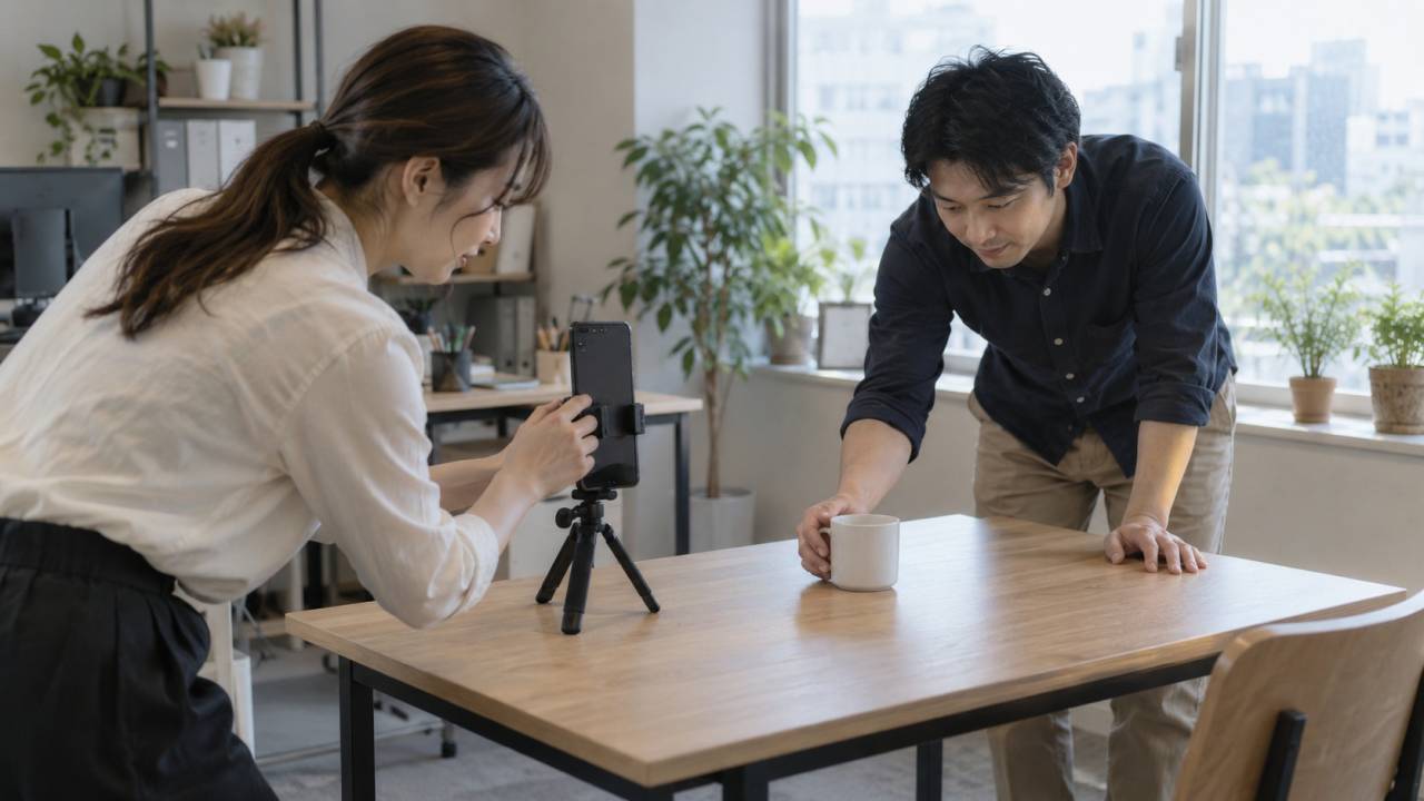 自然光のオフィスでスマートフォンを三脚に設置し、マグカップの商品動画を準備する2人