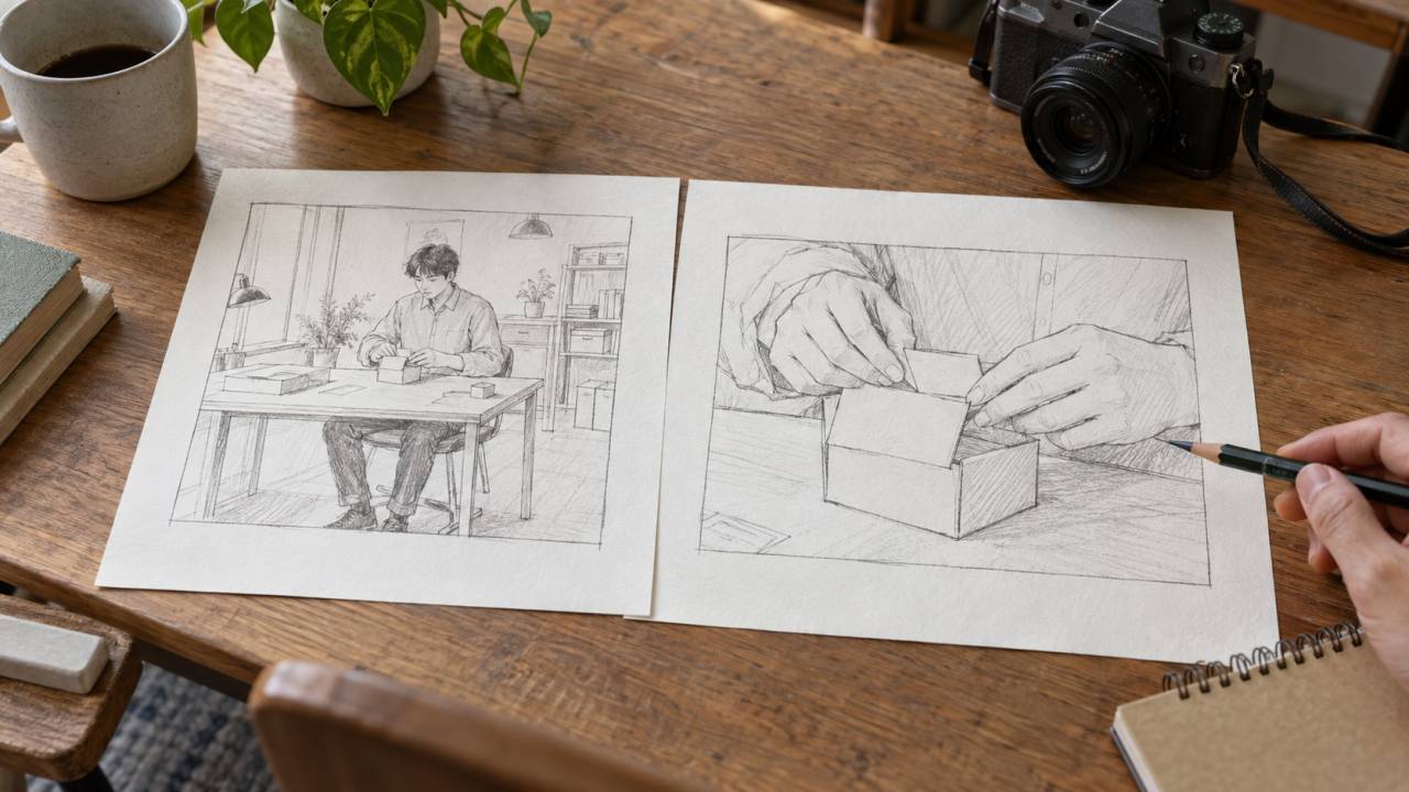 机の上に並べた引きと寄りのラフ画で、同じ作業の映し方を比較する様子
