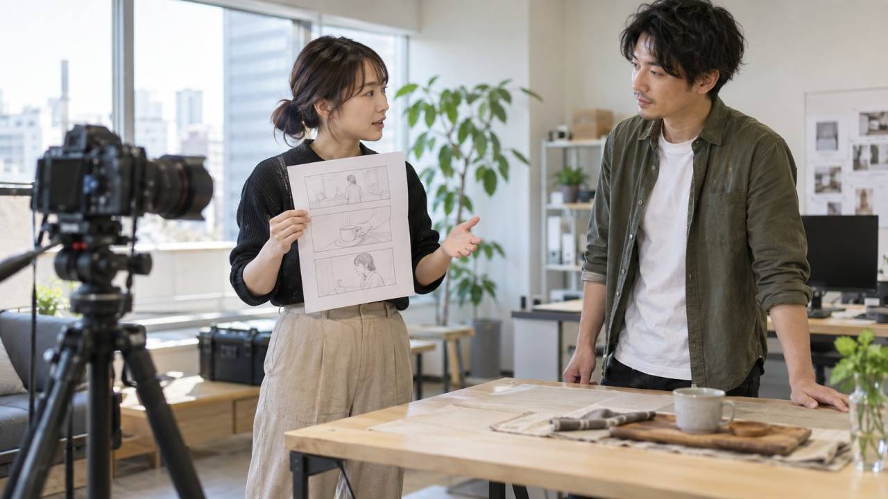 絵コンテを手に撮影場所で人物の立ち位置とカメラの向きを確認するスタッフ