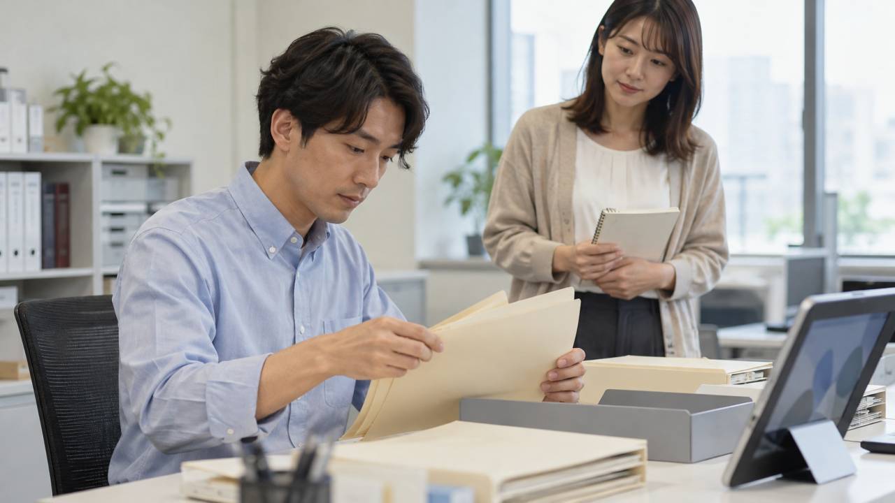 動画を参照しながらファイル整理を試す社員と、横で確認する担当者