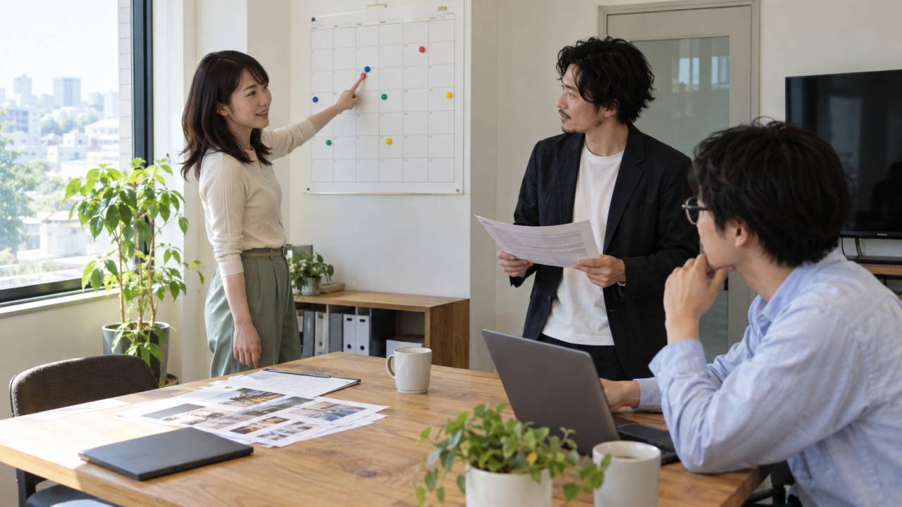 会議室で日程と確認担当を相談する社員たち