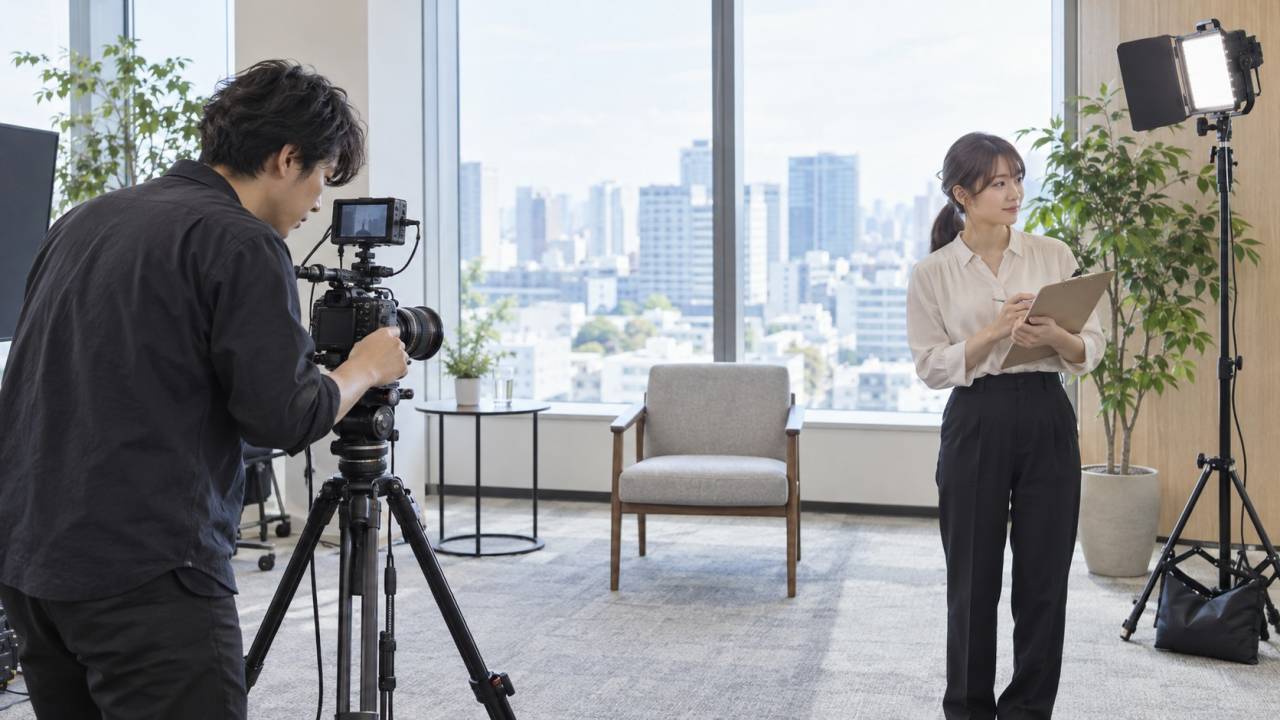インタビュー収録前にカメラと会場の準備を確認する撮影担当者と社内窓口