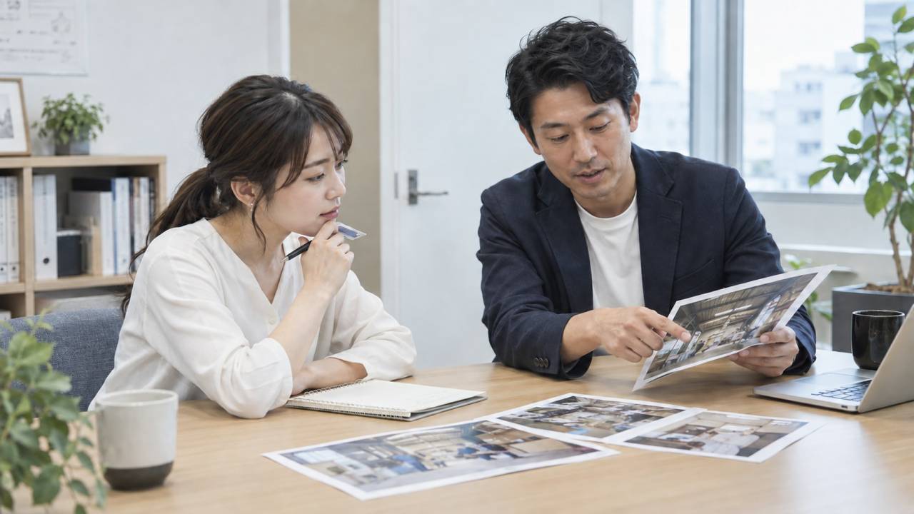 制作資料と写真を見ながら案件の背景を聞き取る担当者のイメージ