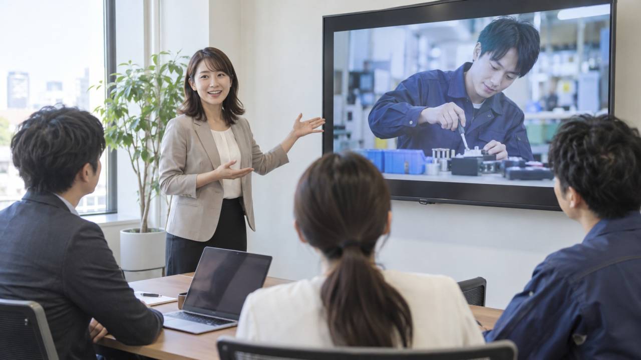 仕事の映像を映すモニターの横で、説明会の参加者へ見どころを伝える担当者のイメージ