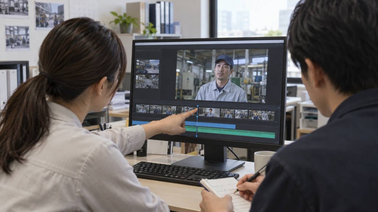モニター上の企業動画で修正したい場面を指し、メモを取る担当者のイメージ