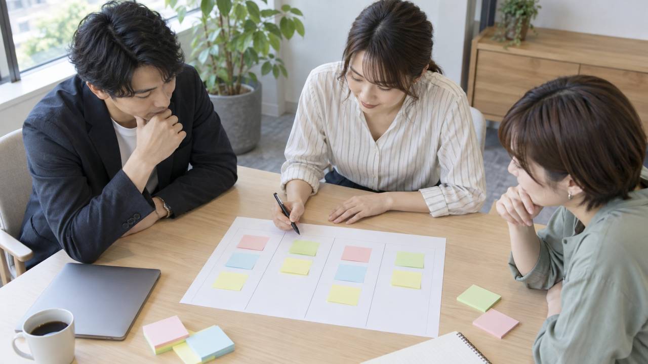 会議室の机で複数の意見を一枚の確認表に整理する担当者たちのイメージ
