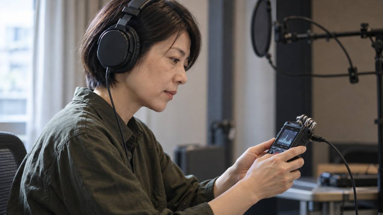 ヘッドホンを着けた音声担当者が、手元のレコーダーで試し録りを聞き直すイメージ