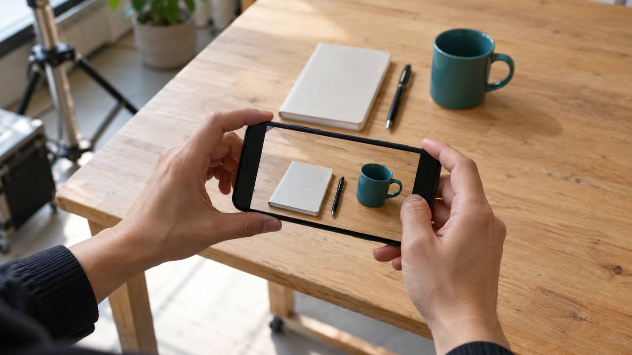 机上のノート・ペン・カップの配置をスマートフォンで記録する手元のイメージ