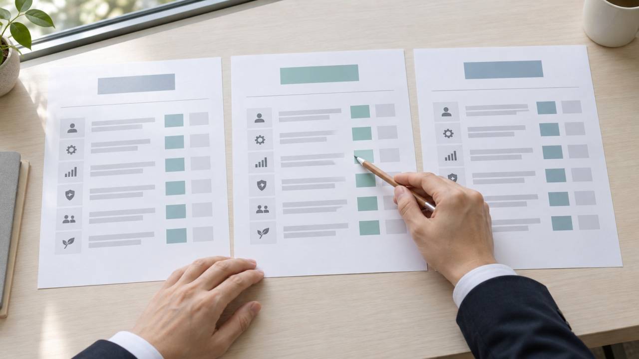 複数の提案書を横に並べ、同じ項目を鉛筆で確認する担当者の手元