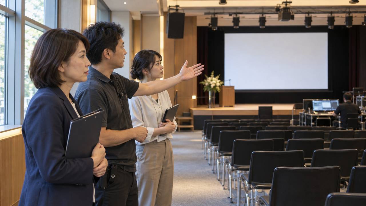 式典会場で主催者側の担当者と制作担当者が会場スタッフの説明を聞く様子