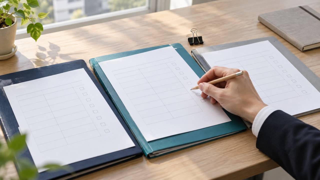 三つの担当を整理するために並べた資料と確認欄を見直す手元