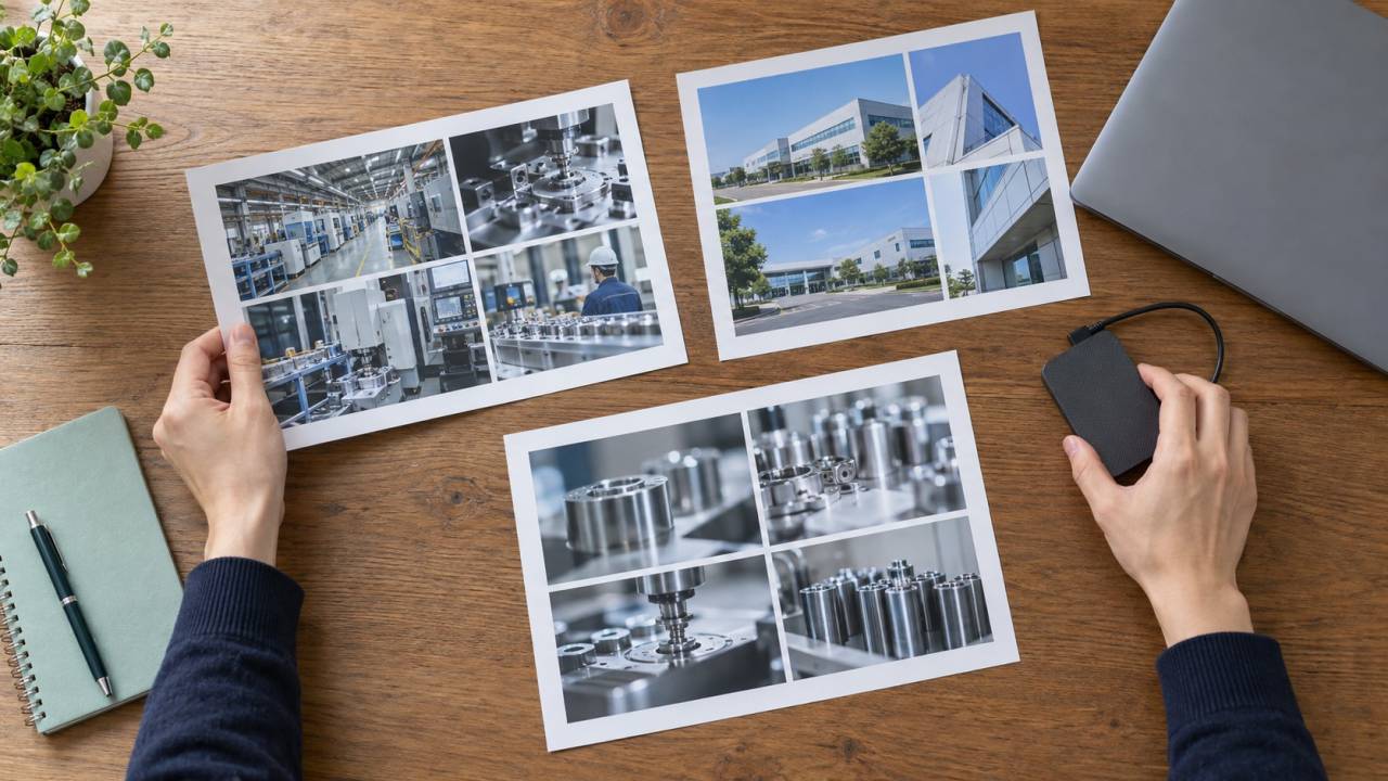既存映像の内容を確認するため、写真を並べた紙とSSDを机上で整理する手元