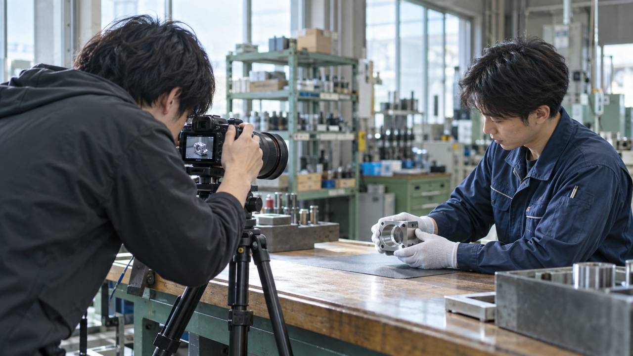 自然光の入る工場で、作業者が持つ金属部品をカメラ担当者が追加撮影する様子