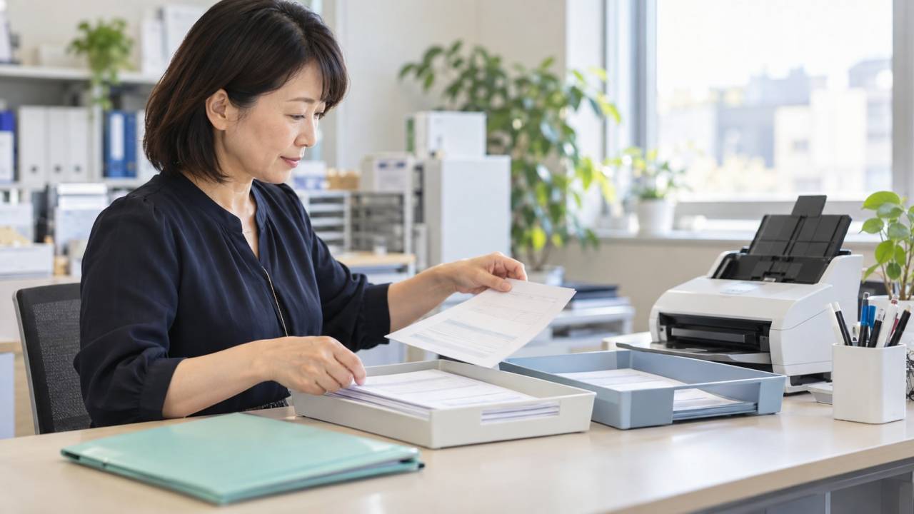 日本のオフィスで担当者が書類のサンプルをトレーに分けて整理する様子