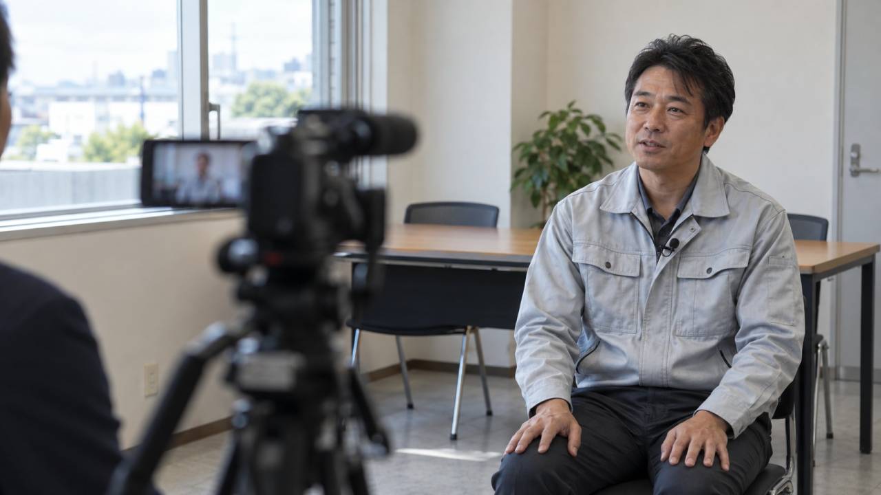 会議室で仕事の経験を語る社員役の男性と、手前に設置された撮影カメラ