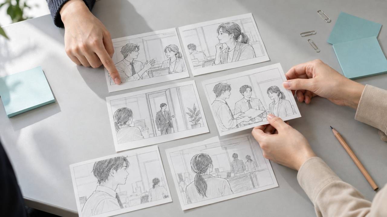 職場での会話を描いた絵コンテカードを、担当者が机の上で並べて確認する手元