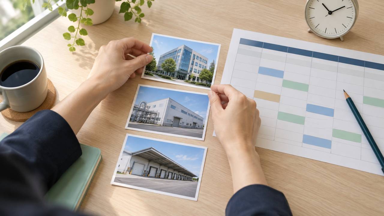 本社・工場・倉庫の写真カードを、時間枠のある予定表と並べて確認する手元