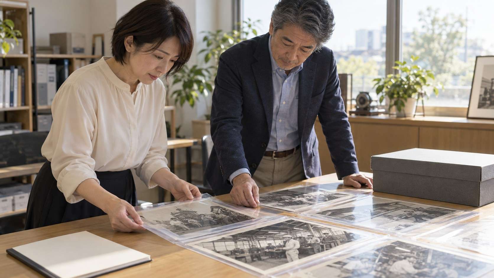 昔の会社写真を保護用の袋に入れたまま確認する二人のイメージ