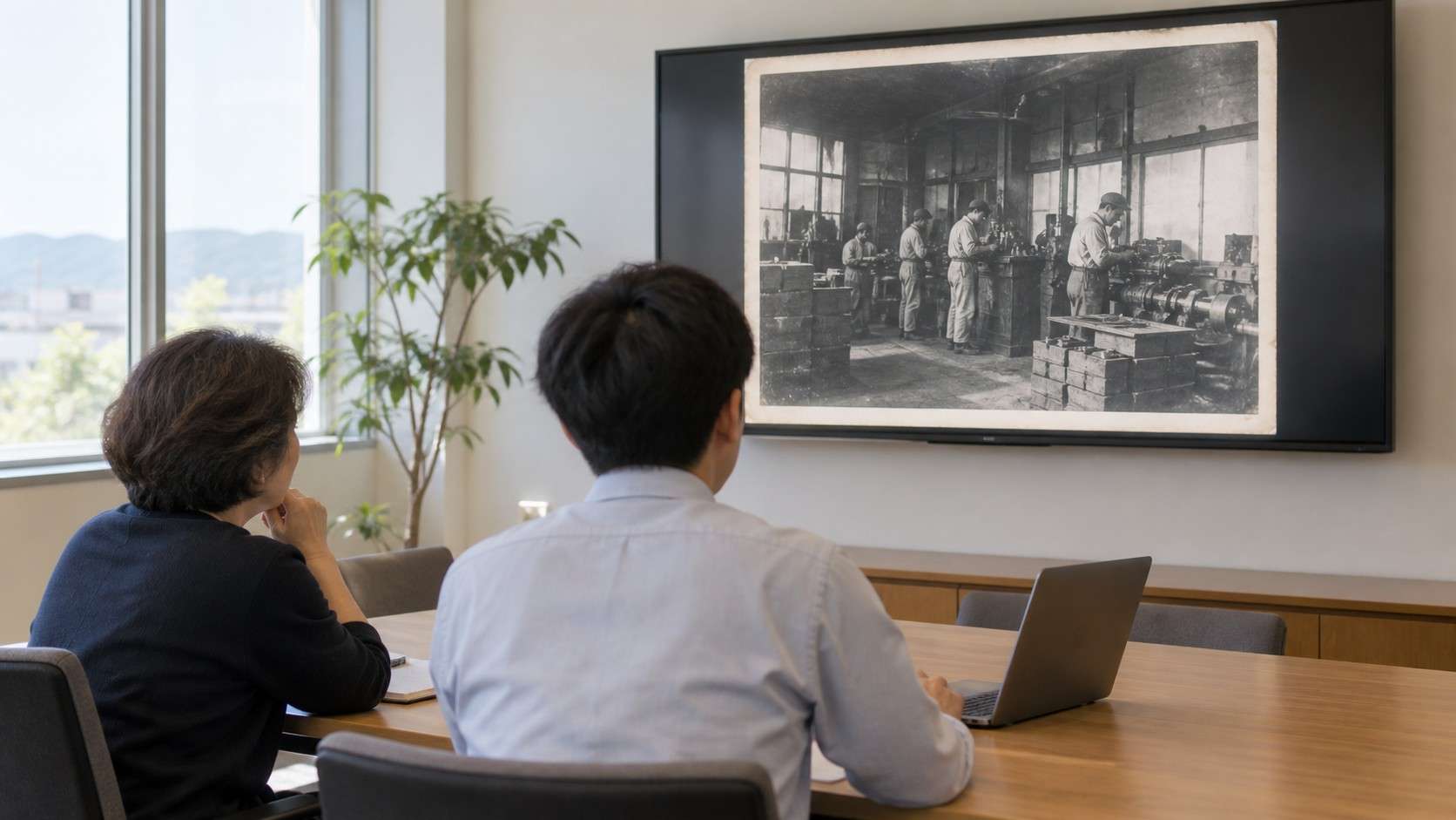 会議室の大画面で昔の写真の見え方を確認するイメージ